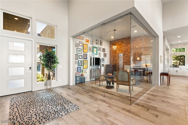 foyer featuring a towering ceiling and wood finished floors