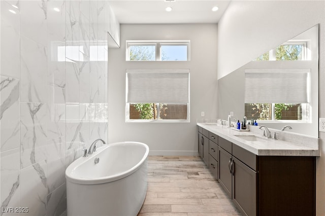 bathroom with a freestanding bath, a sink, and a wealth of natural light