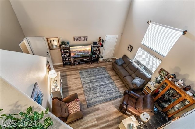 living room with a high ceiling and wood finished floors