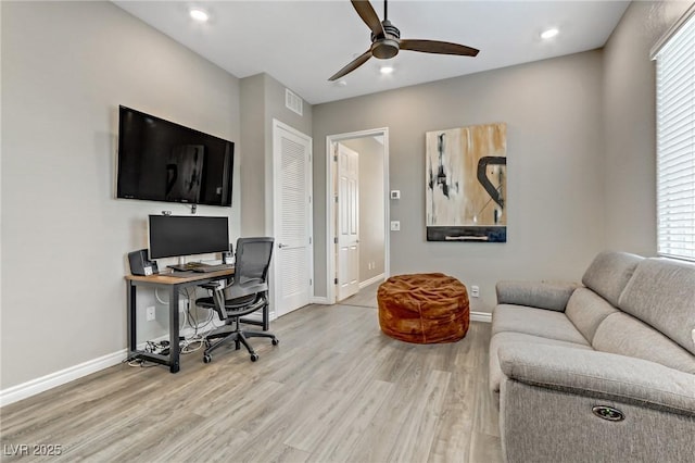 office area with recessed lighting, visible vents, a ceiling fan, wood finished floors, and baseboards