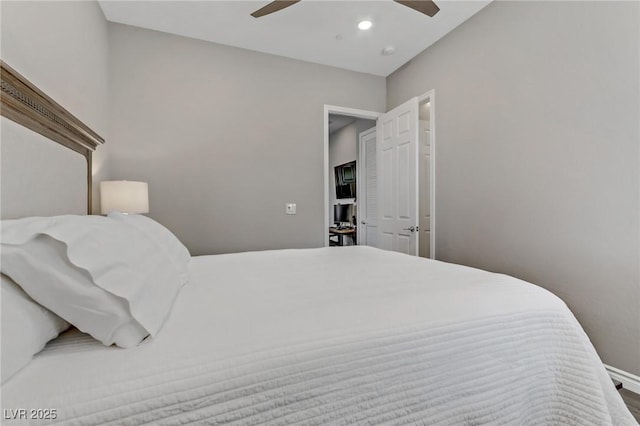 bedroom with ceiling fan, baseboards, and recessed lighting