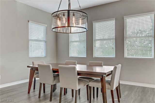 dining space with plenty of natural light, wood finished floors, and baseboards