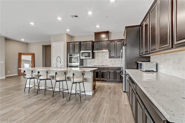 kitchen featuring a breakfast bar, a center island with sink, stainless steel appliances, visible vents, and under cabinet range hood