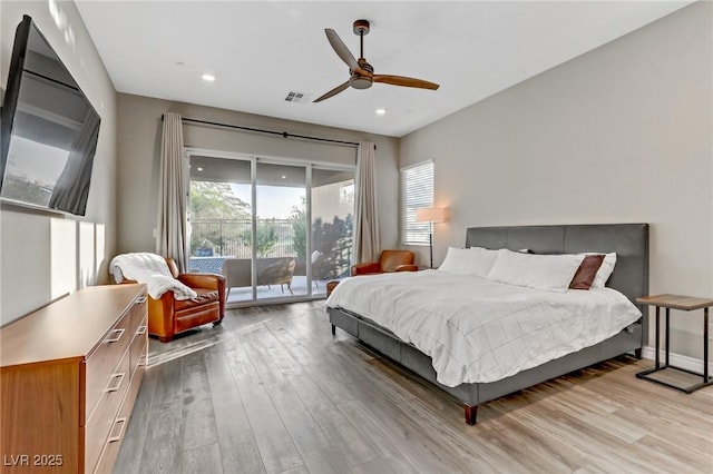 bedroom featuring visible vents, a ceiling fan, access to outside, light wood-type flooring, and recessed lighting