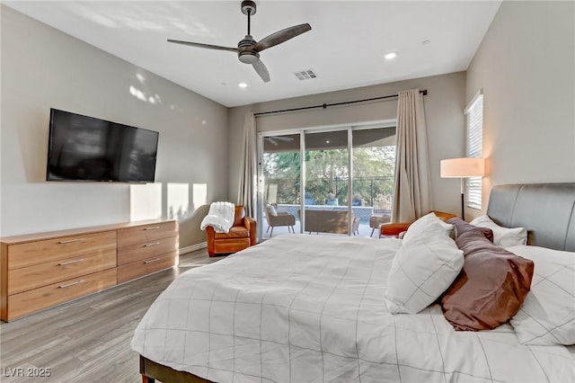 bedroom featuring recessed lighting, a ceiling fan, visible vents, light wood-style floors, and access to outside