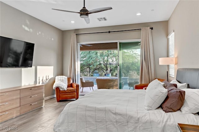 bedroom with access to exterior, recessed lighting, visible vents, ceiling fan, and light wood-type flooring