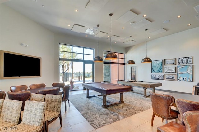 recreation room with light tile patterned floors, billiards, a towering ceiling, and recessed lighting