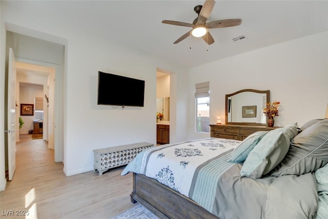 bedroom featuring ceiling fan, light wood finished floors, visible vents, and baseboards