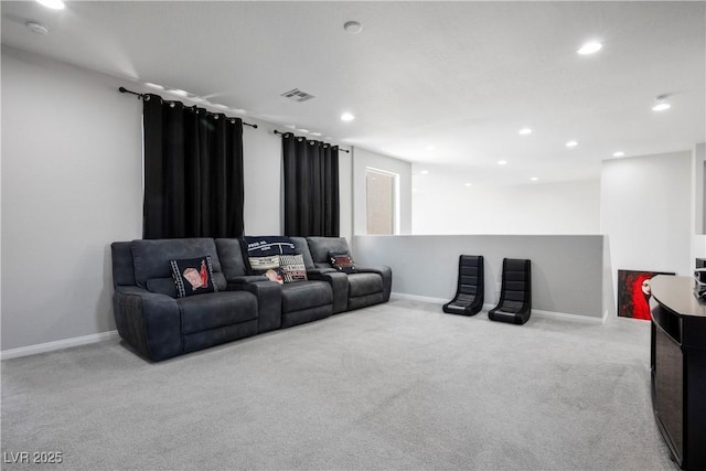 home theater room with carpet, visible vents, baseboards, and recessed lighting