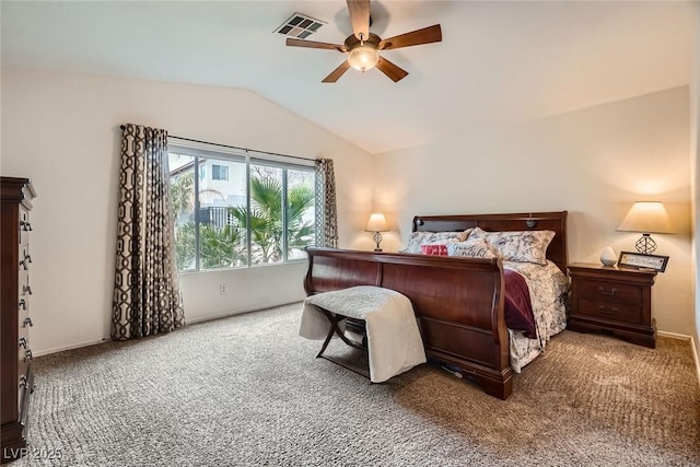 bedroom with visible vents, carpet flooring, a ceiling fan, and lofted ceiling