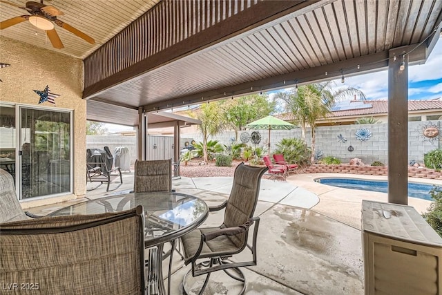 view of patio with a fenced in pool, a ceiling fan, and a fenced backyard