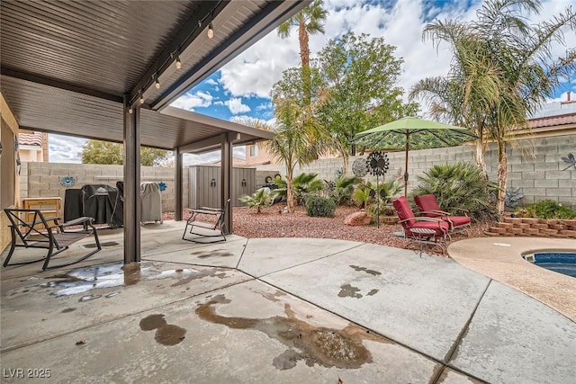 view of patio / terrace with an outbuilding, a storage unit, a fenced backyard, and a grill