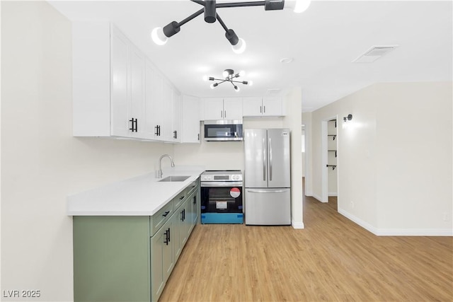 kitchen with stainless steel appliances, light wood-type flooring, white cabinets, and a sink