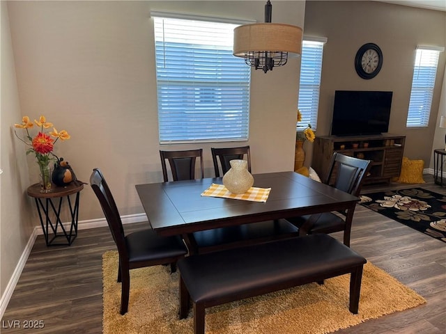 dining space featuring baseboards and wood finished floors