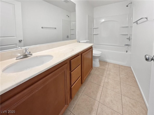 bathroom with tile patterned flooring, toilet, shower / tub combination, vanity, and baseboards