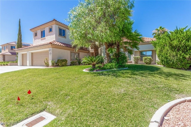 mediterranean / spanish-style home featuring concrete driveway, a tile roof, a front lawn, and stucco siding