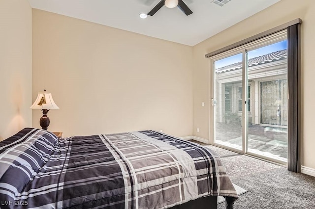 bedroom with ceiling fan, carpet floors, visible vents, baseboards, and access to exterior