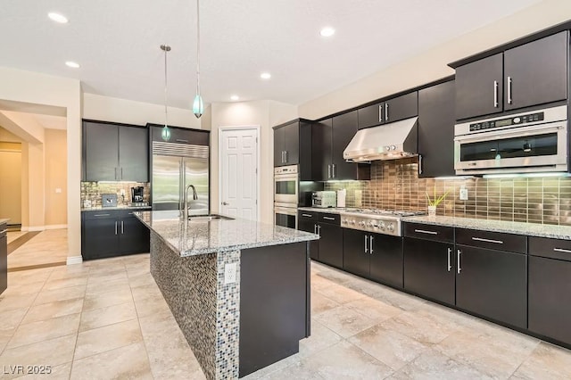 kitchen with appliances with stainless steel finishes, dark cabinets, a sink, and under cabinet range hood