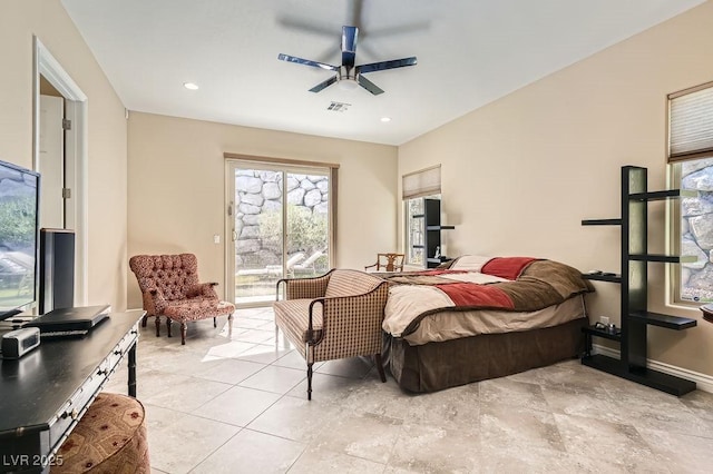 bedroom featuring access to outside, visible vents, ceiling fan, and recessed lighting