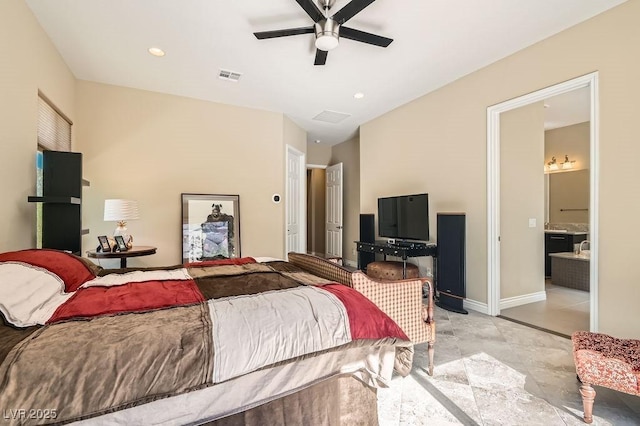 bedroom with baseboards, visible vents, connected bathroom, ceiling fan, and recessed lighting