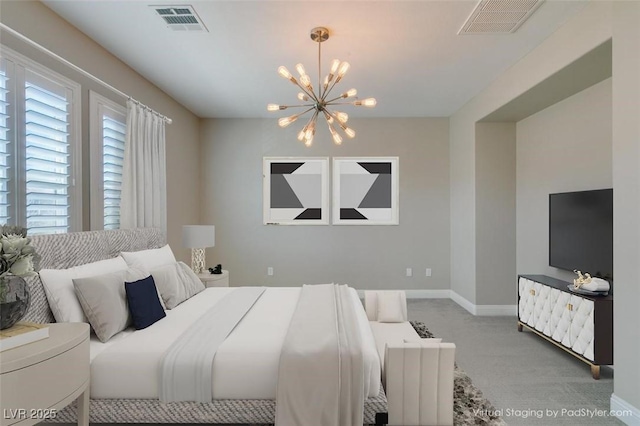 bedroom with a chandelier, carpet floors, visible vents, and baseboards