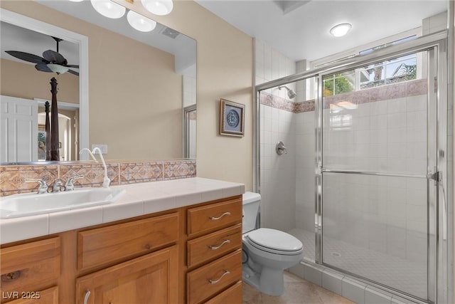 full bath featuring tile patterned floors, visible vents, a shower stall, and toilet