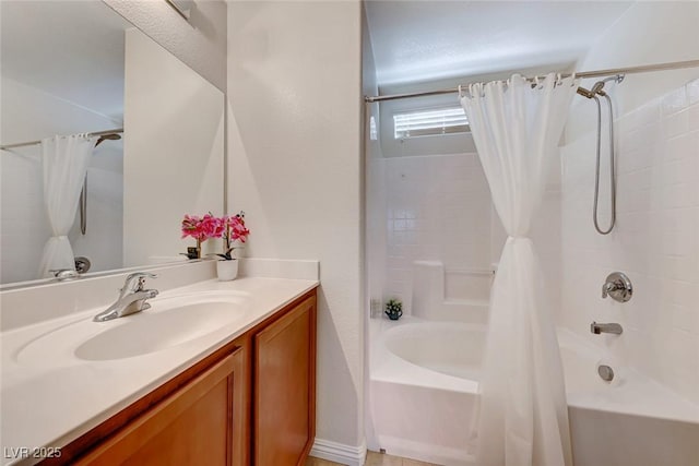 full bath featuring shower / tub combo with curtain and vanity