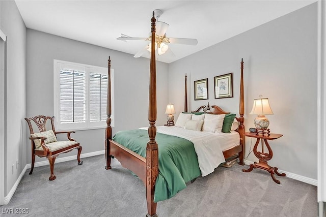 bedroom with ceiling fan, carpet, and baseboards