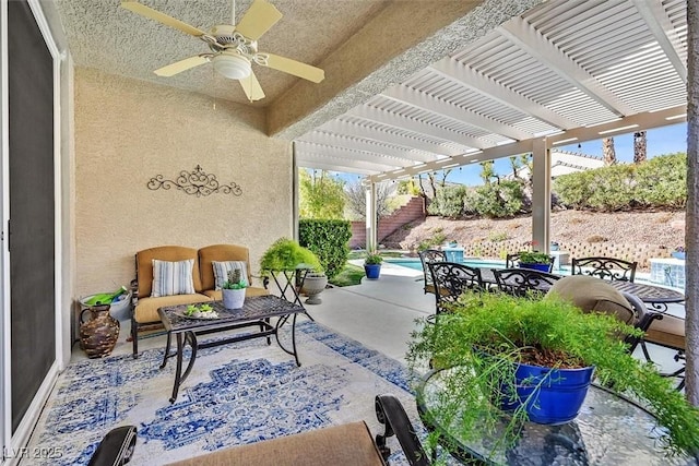 view of patio / terrace with ceiling fan, fence, an outdoor hangout area, and a pergola