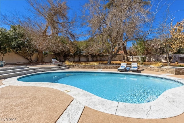 view of pool with a fenced backyard, a fenced in pool, and a patio