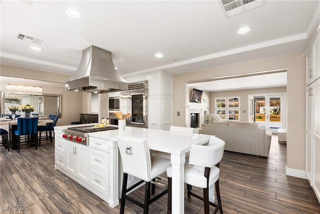 kitchen featuring visible vents, island exhaust hood, appliances with stainless steel finishes, and open floor plan