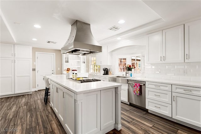 kitchen featuring visible vents, island range hood, stainless steel appliances, white cabinetry, and a sink