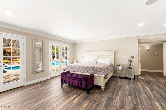 bedroom with access to outside, baseboards, dark wood-type flooring, and french doors