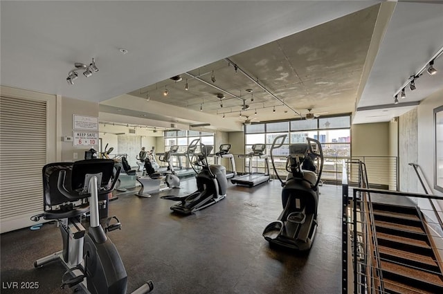 workout area with rail lighting, plenty of natural light, and expansive windows