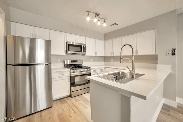 kitchen with visible vents, a sink, appliances with stainless steel finishes, a peninsula, and white cabinets