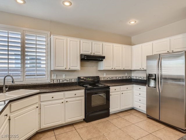 kitchen featuring stainless steel fridge with ice dispenser, black / electric stove, under cabinet range hood, white cabinetry, and a sink