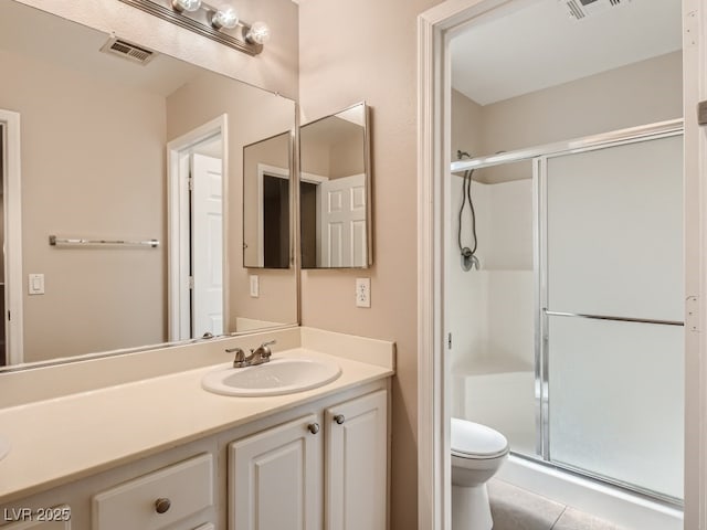 full bath with visible vents, toilet, a stall shower, vanity, and tile patterned floors