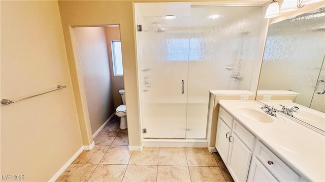 bathroom with baseboards, toilet, tile patterned flooring, vanity, and a shower stall