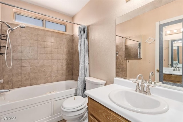 full bath with shower / bath combination with curtain, a textured wall, vanity, and toilet