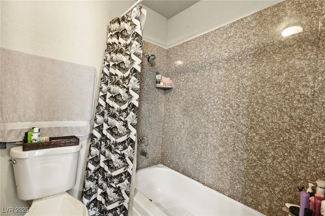 bathroom with toilet and shower / bathtub combination with curtain