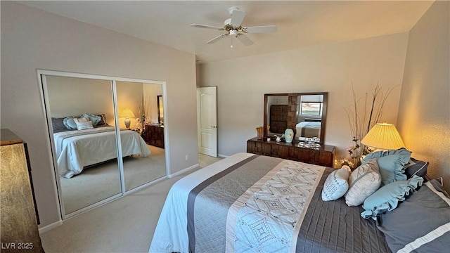 bedroom featuring carpet floors, baseboards, and a ceiling fan