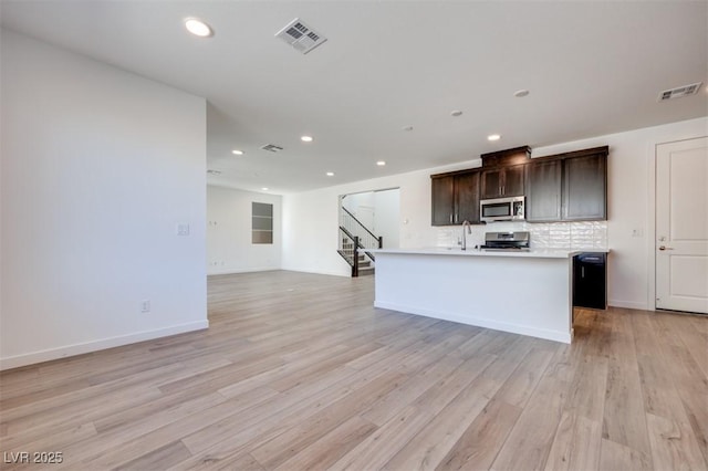 kitchen with stainless steel appliances, visible vents, light wood-style floors, open floor plan, and decorative backsplash