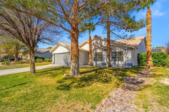 single story home featuring a front lawn, a tile roof, an attached garage, and stucco siding