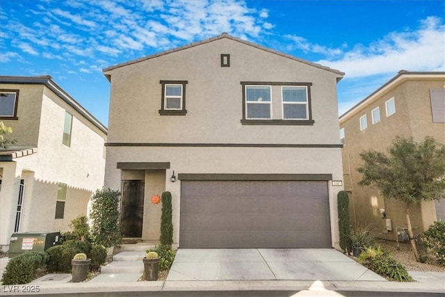 view of front of home featuring a garage, driveway, cooling unit, and stucco siding