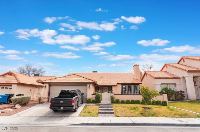 view of front of property featuring stucco siding, an attached garage, a gate, driveway, and a tiled roof