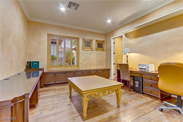 office area featuring crown molding, recessed lighting, visible vents, and light wood-style floors