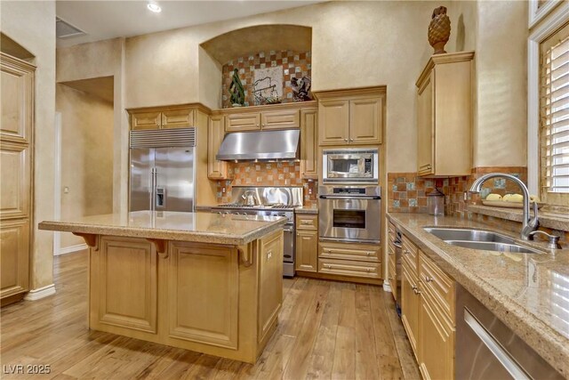 kitchen featuring light wood finished floors, tasteful backsplash, a sink, built in appliances, and under cabinet range hood