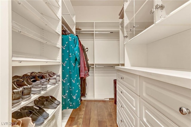 walk in closet with light wood-style flooring