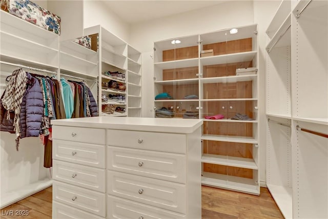 walk in closet with light wood finished floors