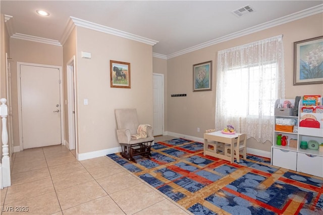 game room featuring light tile patterned floors, baseboards, visible vents, and crown molding